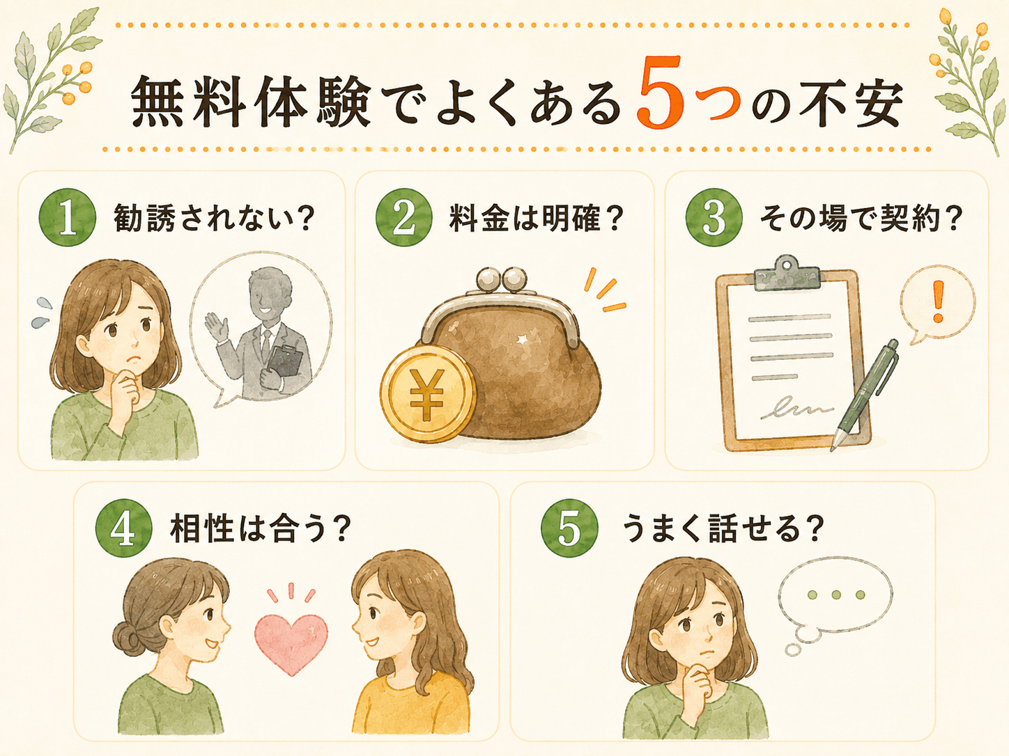 無料体験でよくある不安は大きく5つある